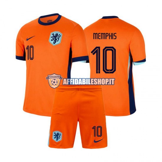 Maglia Paesi Bassi Memphis Depay 10 Euro 2024 Bambino 3-13 anni Manica Corta, Gara Home