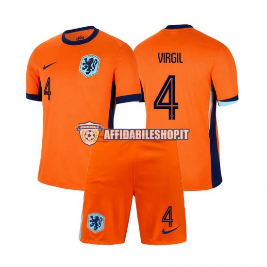 Maglia Paesi Bassi Virgil van Dijk 4 Euro 2024 Bambino 3-13 anni Manica Corta, Gara Home