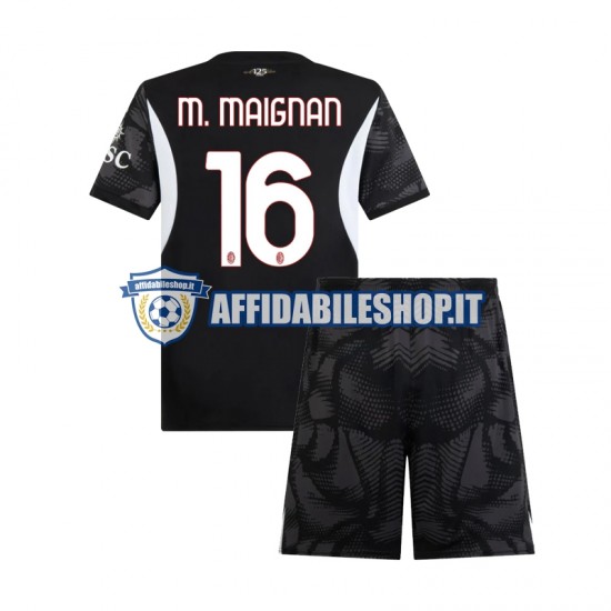 Maglia AC Milan Portiere Nero Mike Maignan 16 2024-2025 Bambino 3-13 anni Manica Corta, Gara Home