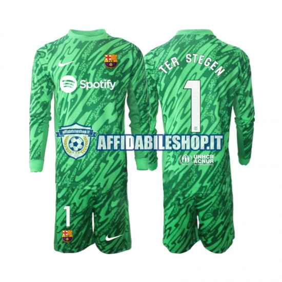 Maglia FC Barcelona Portiere Verde Ter Stegen 1 2024-2025 Bambino 3-13 anni Manica Lunga, Gara Home