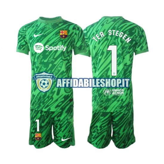 Maglia FC Barcelona Portiere Verde Ter Stegen 1 2024-2025 Bambino 3-13 anni Manica Corta, Gara Home