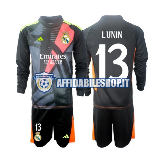 Maglia Real Madrid Portiere Nero Andriy Lunin 13 2024-2025 Bambino 3-13 anni Manica Lunga, Gara Away