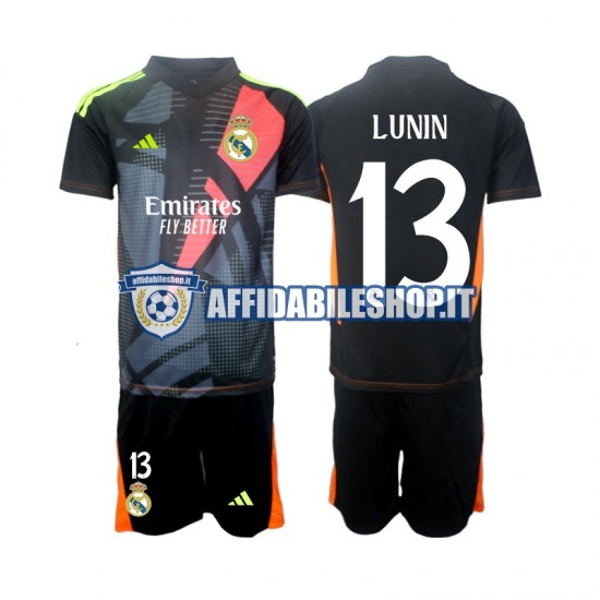 Maglia Real Madrid Portiere Nero Andriy Lunin 13 2024-2025 Bambino 3-13 anni Manica Corta, Gara Away