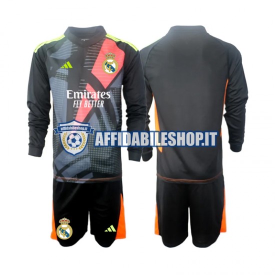 Maglia Real Madrid Portiere Nero 2024-2025 Bambino 3-13 anni Manica Lunga, Gara Away