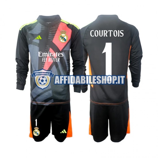 Maglia Real Madrid Portiere Nero Thibaut Courtois 1 2024-2025 Bambino 3-13 anni Manica Lunga, Gara Away