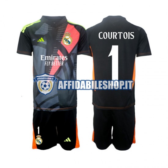 Maglia Real Madrid Portiere Nero Thibaut Courtois 1 2024-2025 Bambino 3-13 anni Manica Corta, Gara Away