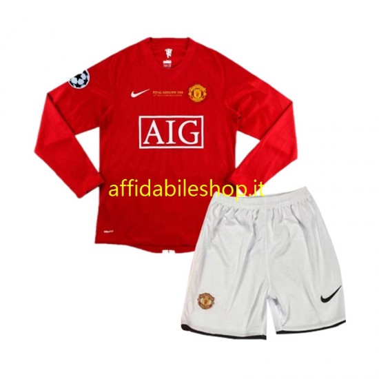 Maglia Manchester United Champion League Retro 2007 Bambino 3-13 anni Manica Lunga, Gara Home