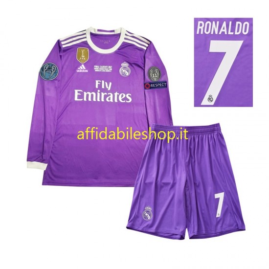 Maglia Real Madrid Cristiano Ronaldo 7 Retro 2016 Bambino 3-13 anni Manica Lunga, Gara Away