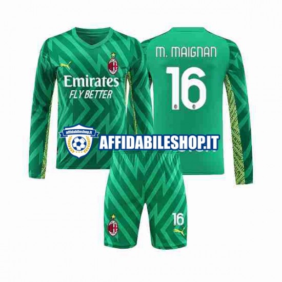 Maglia AC Milan Portiere Mike Maignan 16 2023-2024 Bambino 3-13 anni Manica Lunga, Gara Home