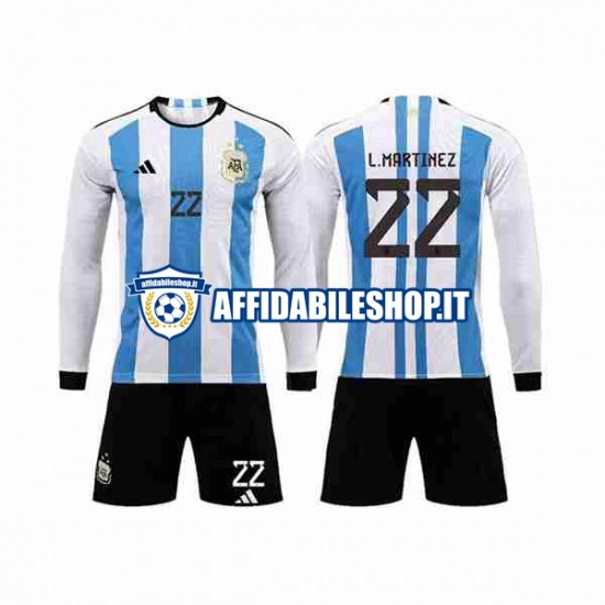 Maglia Argentina 3 Stars Lautaro Martinez 22 World Cup 2022 Bambino 3-13 anni Manica Lunga, Gara Home