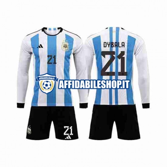 Maglia Argentina 3 Stars Paulo Dybala 21 World Cup 2022 Bambino 3-13 anni Manica Lunga, Gara Home