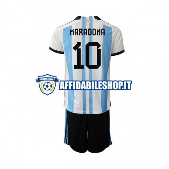 Maglia Argentina Maradona 10 World Cup 2022 Bambino 3-13 anni Manica Corta, Gara Home