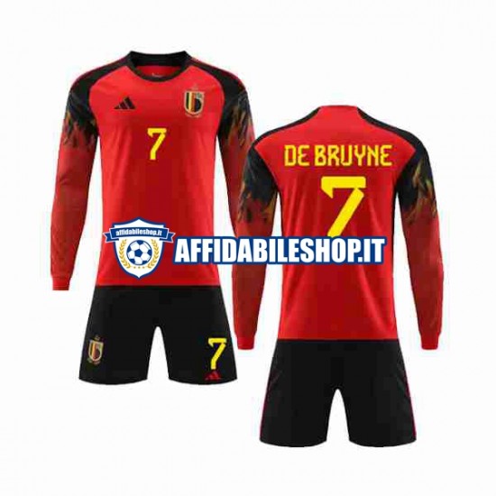 Maglia Belgio De Bruyne 7 World Cup 2022 Bambino 3-13 anni Manica Lunga, Gara Home