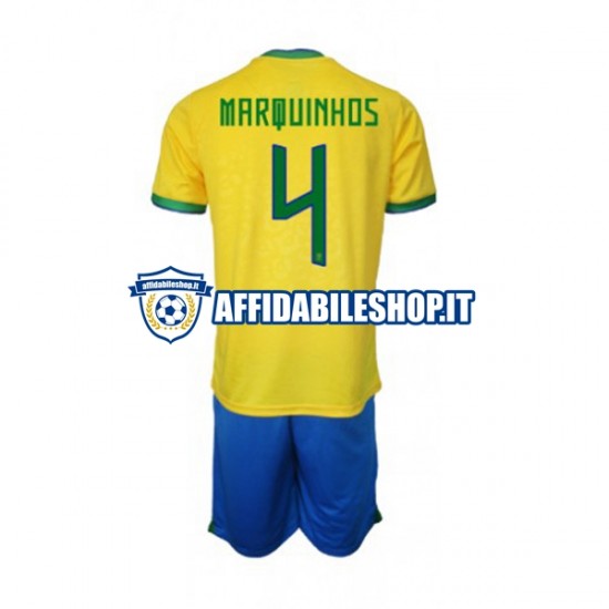 Maglia Brasile Marquinhos 4 World Cup 2022 Bambino 3-13 anni Manica Corta, Gara Home