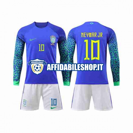 Maglia Brasile Neymar Jr 10 World Cup 2022 Bambino 3-13 anni Manica Lunga, Gara Away