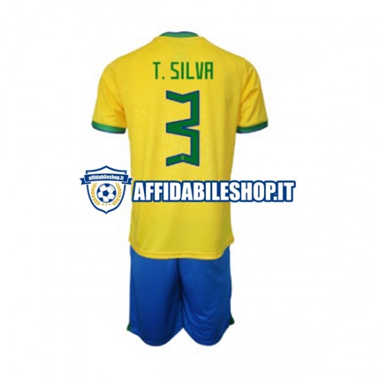 Maglia Brasile Thiago Silva 3 World Cup 2022 Bambino 3-13 anni Manica Corta, Gara Home