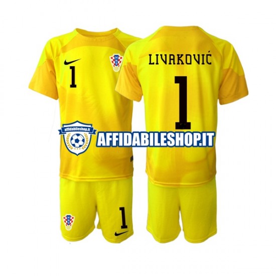 Maglia Croazia Portiere Dominik Livakovic 1 World Cup 2022 Bambino 3-13 anni Manica Corta, Gara Home