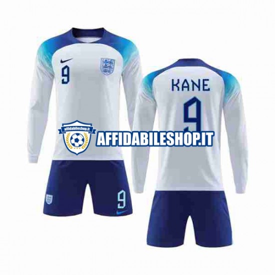 Maglia Inghilterra Kane 9 World Cup 2022 Bambino 3-13 anni Manica Lunga, Gara Home