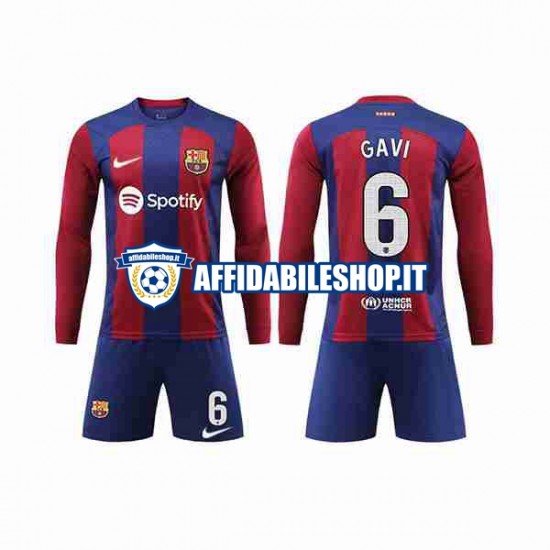 Maglia FC Barcelona GAVI 6 2023-2024 Bambino 3-13 anni Manica Lunga, Gara Home