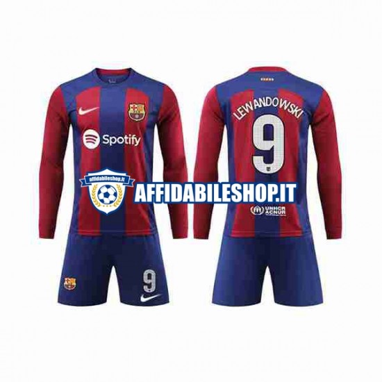 Maglia FC Barcelona LEWANDOWSKI 9 2023-2024 Bambino 3-13 anni Manica Lunga, Gara Home