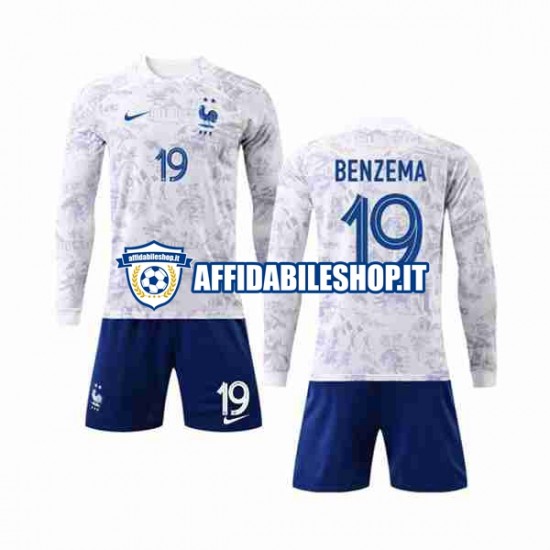 Maglia Francia Benzema 19 World Cup 2022 Bambino 3-13 anni Manica Lunga, Gara Away