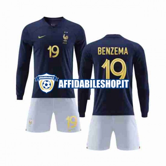 Maglia Francia Benzema 19 World Cup 2022 Bambino 3-13 anni Manica Lunga, Gara Home