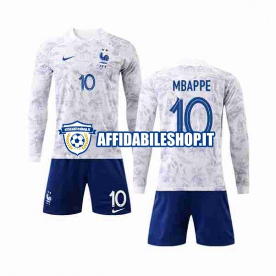 Maglia Francia Mbappé 10 World Cup 2022 Bambino 3-13 anni Manica Lunga, Gara Away