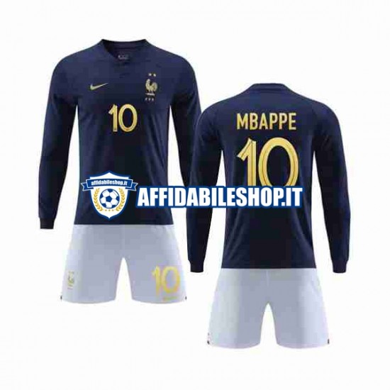 Maglia Francia Mbappé 10 World Cup 2022 Bambino 3-13 anni Manica Lunga, Gara Home