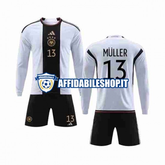 Maglia Germania MULLER 13 World Cup 2022 Bambino 3-13 anni Manica Lunga, Gara Home