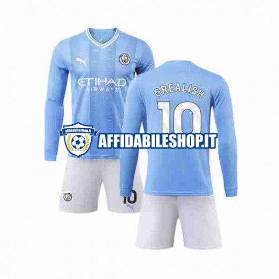 Maglia Manchester City Grealish 10 2023-2024 Bambino 3-13 anni Manica Lunga, Gara Home