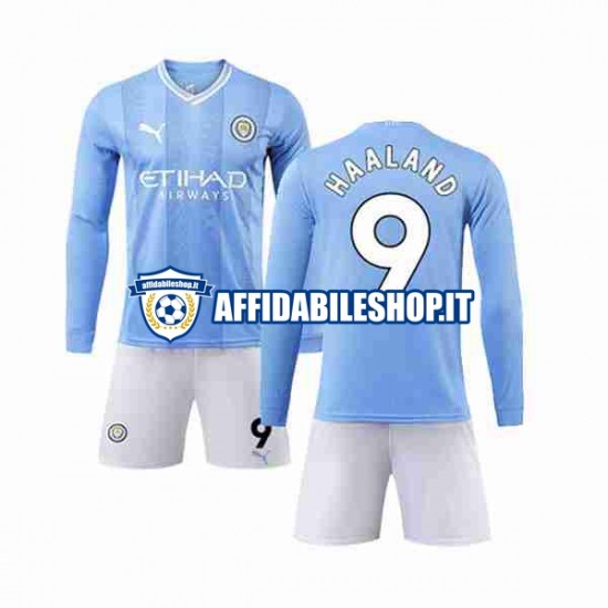 Maglia Manchester City Haaland 9 2023-2024 Bambino 3-13 anni Manica Lunga, Gara Home