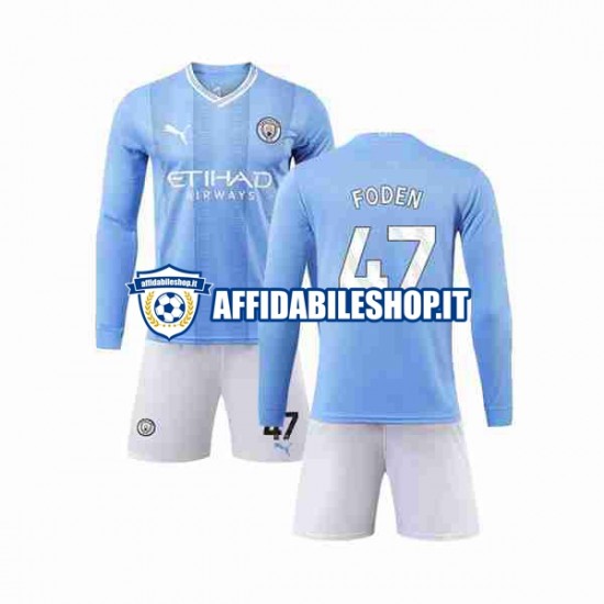 Maglia Manchester City Phil Foden 47 2023-2024 Bambino 3-13 anni Manica Lunga, Gara Home