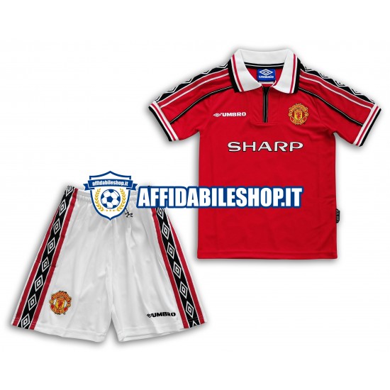 Maglia Manchester United Retro 1998-1999 Bambino 3-13 anni Manica Corta, Gara Home