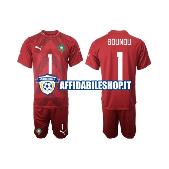 Maglia Marocco Portiere Yassine Bounou 1 2022 Bambino 3-13 anni Manica Corta, Gara Home