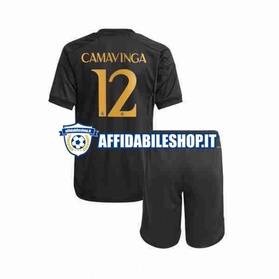 Maglia Real Madrid Eduardo Camavinga 12 2023-2024 Bambino 3-13 anni Manica Corta, Gara Terza