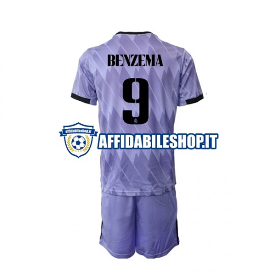 Maglia Real Madrid Karim Benzema 9 2022-2023 Bambino 3-13 anni Manica Corta, Gara Away