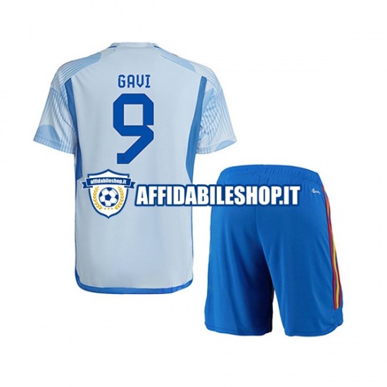 Maglia Spagna Gavi 9 World Cup 2022 Bambino 3-13 anni Manica Corta, Gara Away