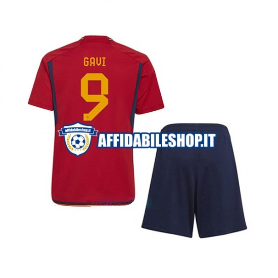 Maglia Spagna Gavi 9 World Cup 2022 Bambino 3-13 anni Manica Corta, Gara Home