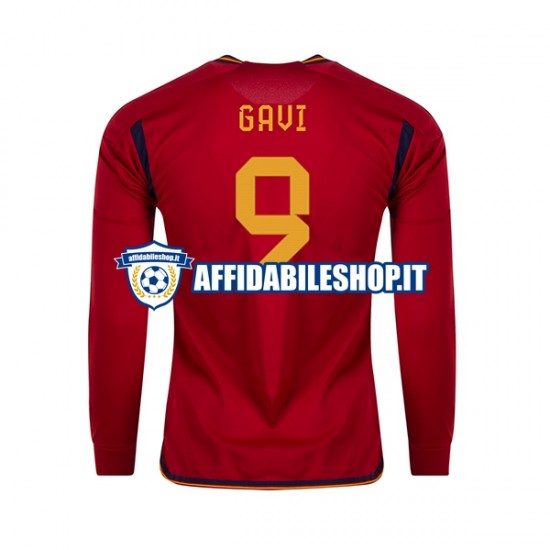 Maglia Spagna Gavi 9 World Cup 2022 Uomo Manica Lunga, Gara Home