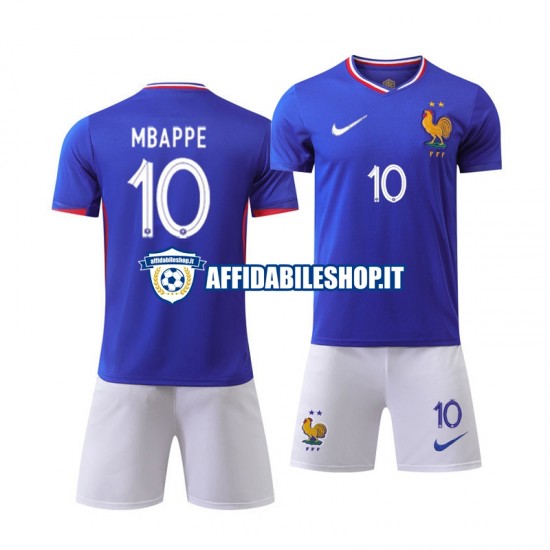 Maglia Blu Francia Kylian Mbappé 10 Euro 2024 Bambino 3-13 anni Manica Corta, Gara Home