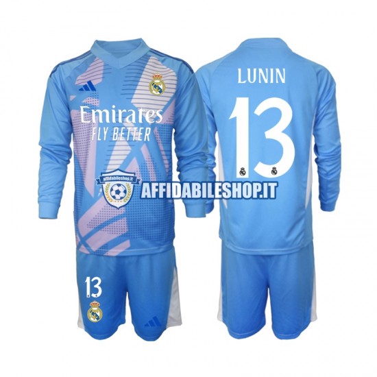 Maglia Real Madrid Portiere Andriy Lunin 13 2024-2025 Bambino 3-13 anni Manica Lunga, Gara Home