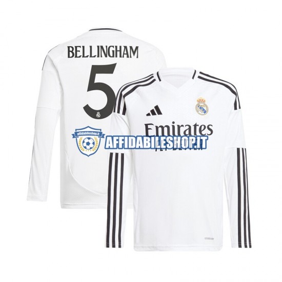 Maglia Real Madrid Bianco Jude Bellingham 5 2024-2025 Uomo Manica Lunga, Gara Home