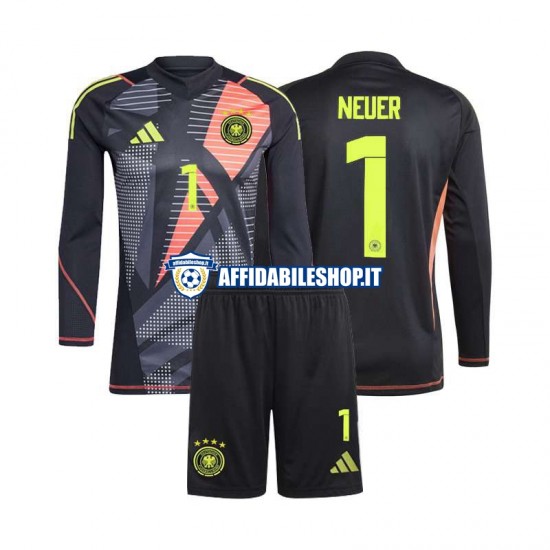 Maglia Germania Portiere Nero Manuel Neuer 1 Euro 2024 Bambino 3-13 anni Manica Lunga, Gara Home