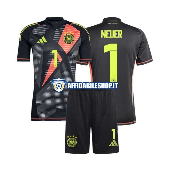 Maglia Germania Portiere Nero Manuel Neuer 1 Euro 2024 Bambino 3-13 anni Manica Corta, Gara Home