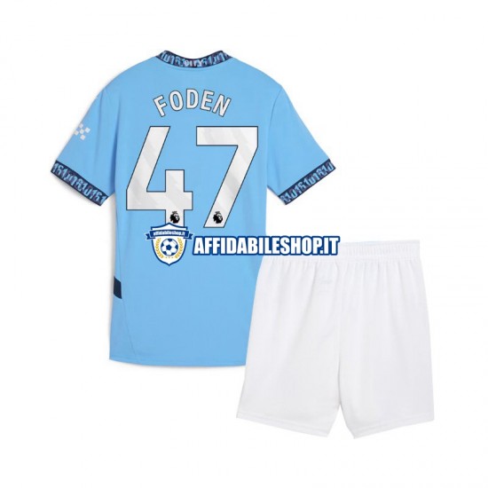 Maglia Manchester City Blu Phil Foden 47 2024-2025 Bambino 3-13 anni Manica Corta, Gara Home