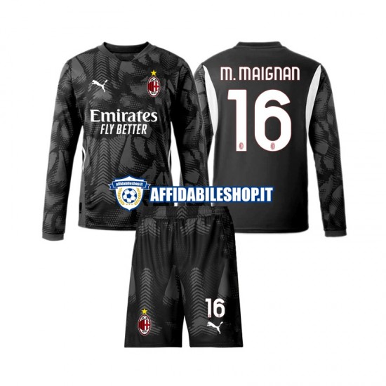 Maglia AC Milan Portiere Nero Mike Maignan 16 2024-2025 Bambino 3-13 anni Manica Lunga, Gara Home