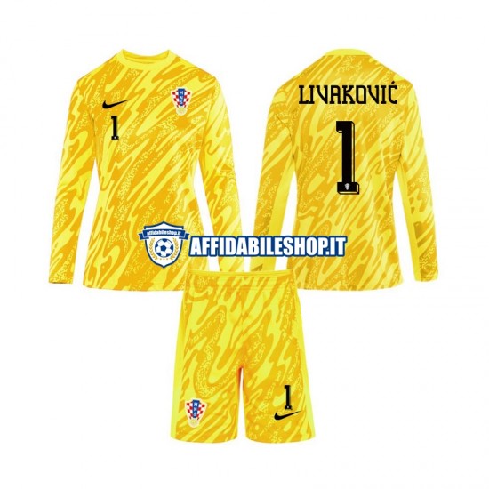 Maglia Croazia Portiere DOMINIK LIVAKOVIC 1 Euro 2024 Bambino 3-13 anni Manica Lunga, Gara Home