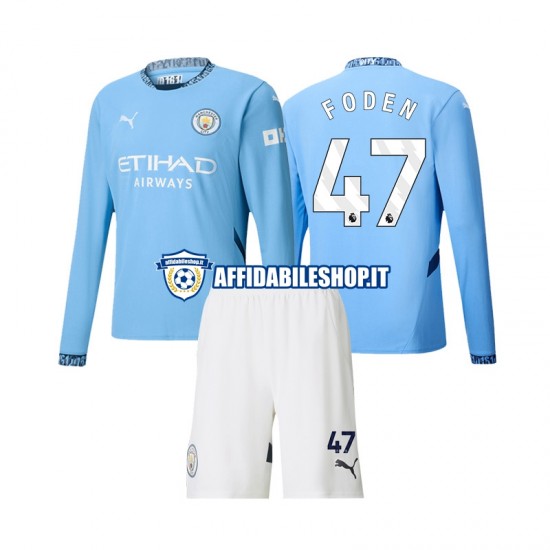 Maglia Manchester City Phil Foden 47 2024-2025 Bambino 3-13 anni Manica Lunga, Gara Home