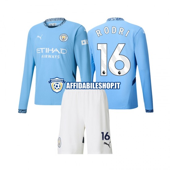 Maglia Manchester City Rodri 16 2024-2025 Bambino 3-13 anni Manica Lunga, Gara Home