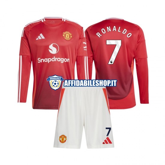 Maglia Manchester United Cristiano Ronaldo 7 2024-2025 Bambino 3-13 anni Manica Lunga, Gara Home